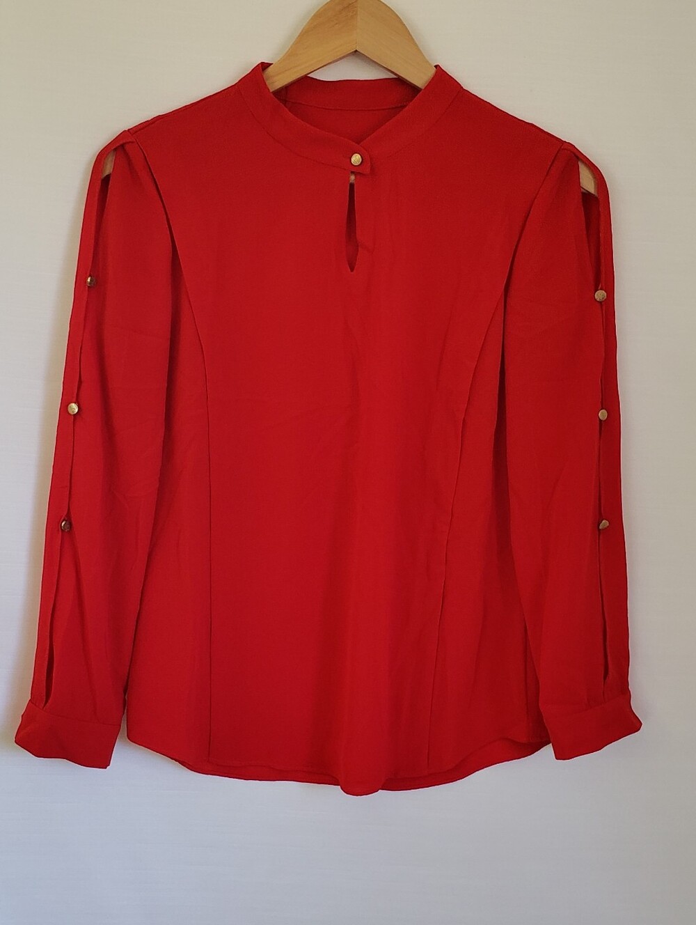 Y2K Cherry Red Long Sleeve Button-Trim Cut Out Sleeve Key Hole Neck Blouse